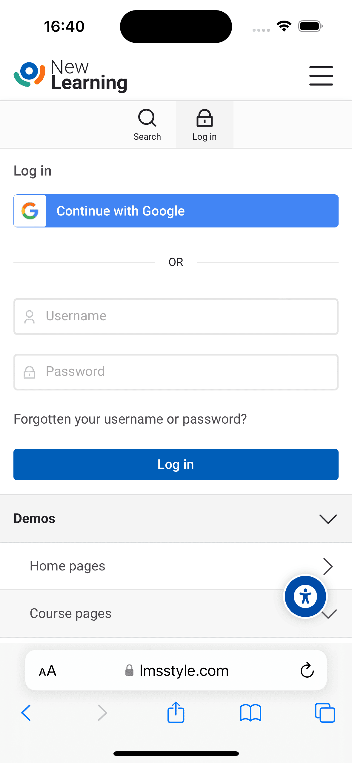 Mobile view - login form